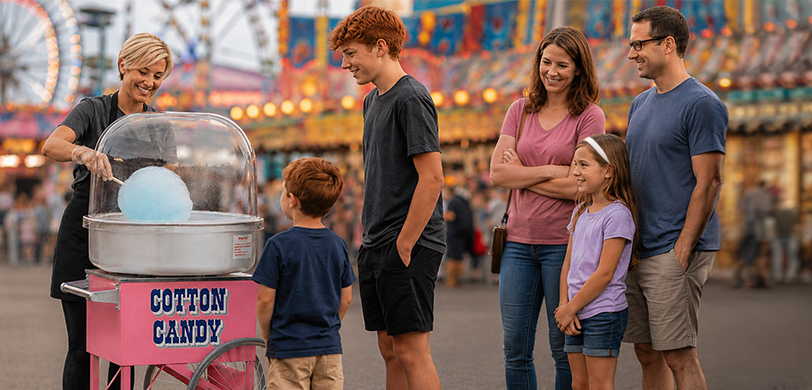Family watching a woman spin blue cotton candy at a carnival amusement park with colorful rides and lights in the background. Family watching a woman spin blue cotton candy at a carnival amusement park with colorful rides and lights in the background.