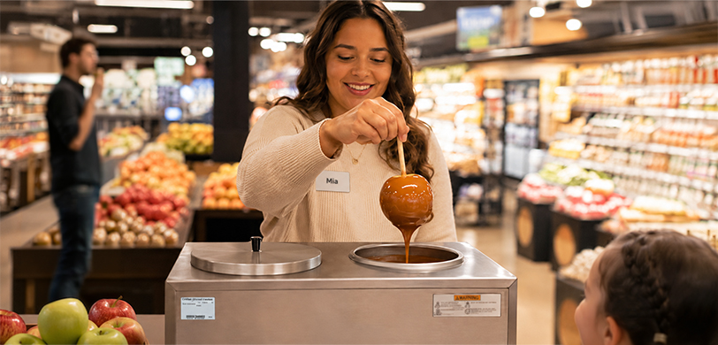 Grocery store employee dipping a caramel apple into warm caramel while a child watches, showcasing interactive food theater and fresh snack preparation. Grocery store employee dipping a caramel apple into warm caramel while a child watches, showcasing interactive food theater and fresh snack preparation.
